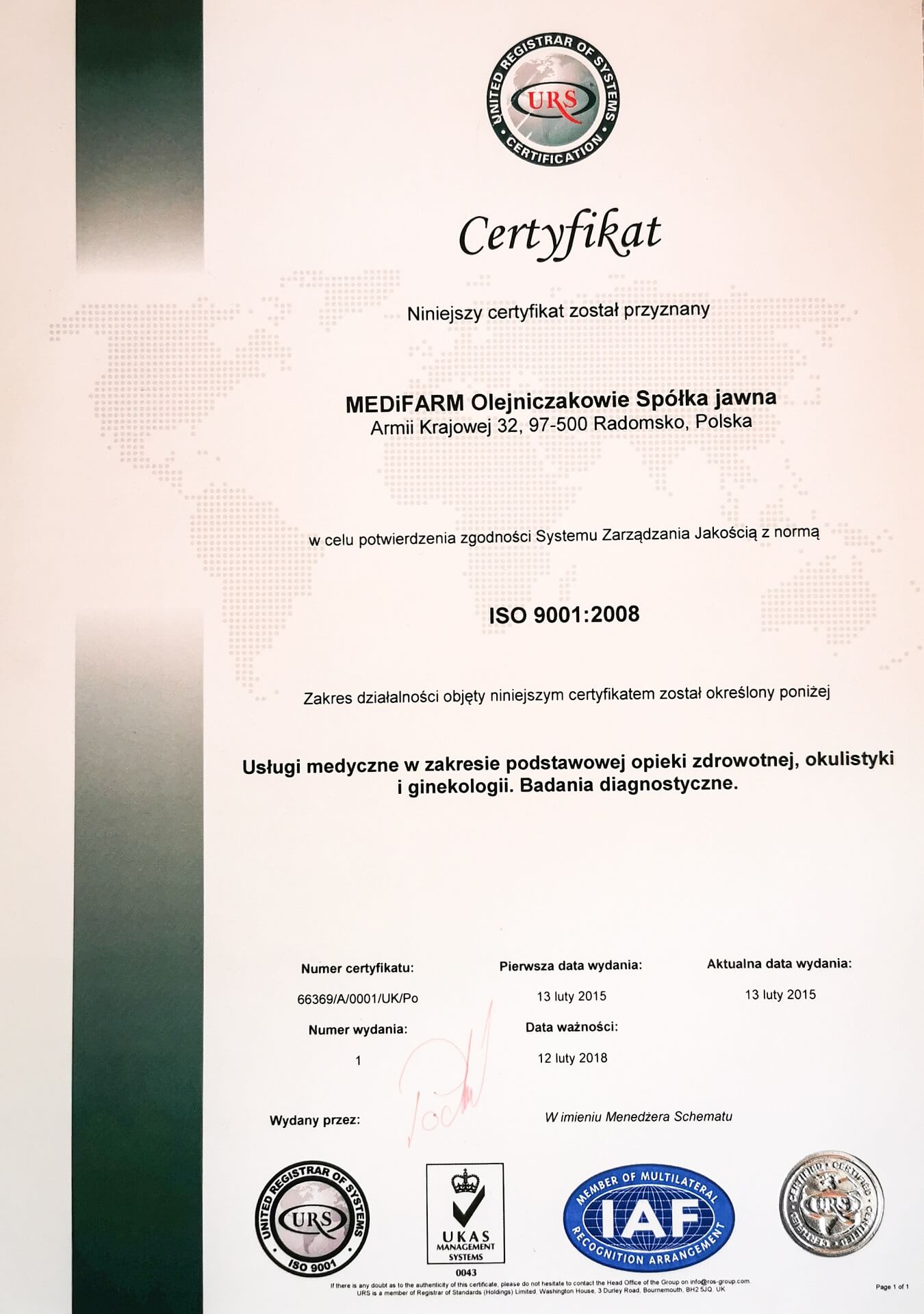 Certyfikat Medifarm Olejniczakowie